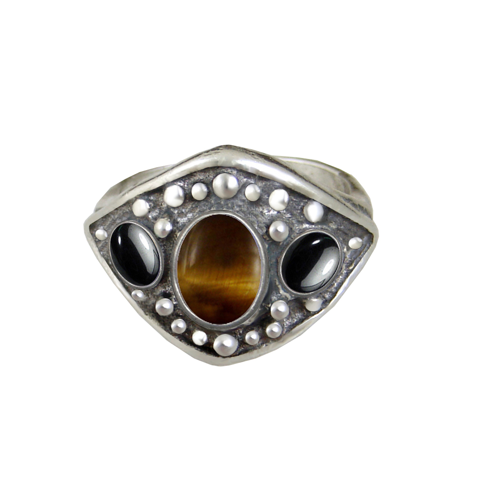 Sterling Silver Medieval Lady's Ring with Tiger Eye And Hematite Size 8